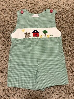 Silly Goose Green Gingham Smocked Farm Baby Boy Jon Jon